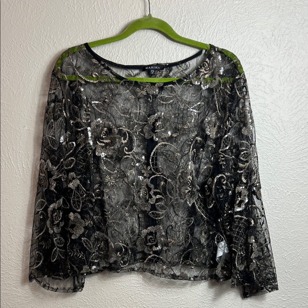 Marina New with Tag Sheer Floral Embroidered Sequin Back Zip Overlay Crop Top 2X